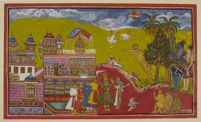 Tilføj 15296 (2) f.14r, Sugriva og hans allierede er kommet til Balis palads ved Kiskindha. Sugriva brøler sin udfordring til en sådan effekt, at fuglene falder ud af himlen i forskrækkelse. Bali, hans dronning Tara og hans ministre er dukket op efter at h