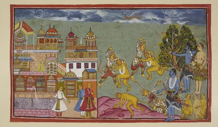 Tilføj 15296 (2) f.18r, Uden for paladset støder Sugriva og Bali rasende på hinanden med knytnæver og søm og river derefter træer og sten op, men Bali er den stærkere og langsomt tvinges Sugriva til at give jord. Da Rama ser, at Sugriva taber, k