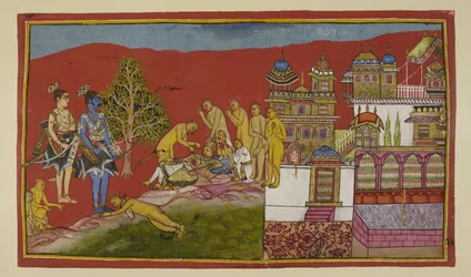 Tilføj 15296 (2) f.24r, Uden for paladset ligger Bali døende. Tara og deres søn Angada er kommet ud af paladset for at jamre ham, mens Hanuman og de andre aber trøster dem. Bali genoplives fra sin besvimelse for at fortælle Sugriva, at han overlader sit ri