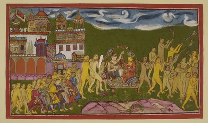 Add 15296 (2) f.43r, Sugriva og Laksmana transporteres i et gyldent kuld, båret af aber, fra Kiskindha