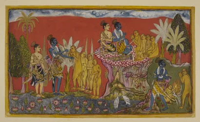 Tilføj 15296 (2) f.5r, Hanuman bringer nu Rama og Laksmana ind i nærvær af Sugriva på bjerget. Rama og Sugriva spænder hænderne som tegn på deres løfte om venskab, overvåget af Laksmana og de andre aber; og så går de to i samme ånd