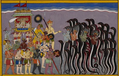 Tilføj 15297(2) f.43r Ravana stiger ned i de vandrige områder eller rasatala, helvede beliggende på bunden af havet. Vasuki, guden for vandet og nagaerne er afbildet med hænder sammen under underkuet af Ravana i sin vogn, der er omgivet af demo