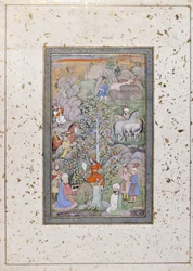 Alexander stiller spørgsmålstegn ved filosoffen, lægen og bægeret, ca. 1610 (ugennemsigtigt wc & guld på papir)