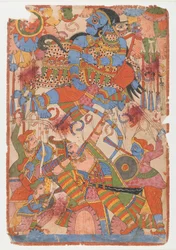 Arjunas heroiske bedrift i kamp, fra en Mahabharata-serie, ca. 1830-50 (blæk og farve på papir)