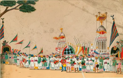 Indisk kunst: Gouache procession omkring 1800 Dim 15x23,7 cm Privat samling