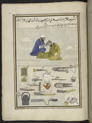 Barber,  86 tegninger indbundet i et bind, der viser håndværk og erhverv i Kashmir, håndværkere vises i arbejde med deres redskaber og udstyr,  Af en Kashmir-kunstner, sandsynligvis i Srinagar, ca. 1850-60 (gouache på papir)