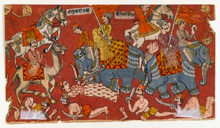 Kampscene fra en Bhagavata Purana-serie, ca. 1625-50 (akvarel og guld på papir) (verso af 499329)