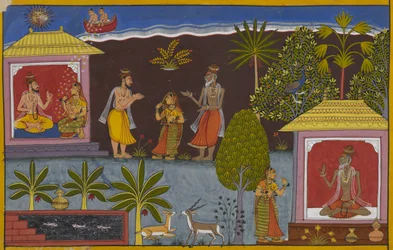 Bharadvāja giver sin datter til Viśravas, som bliver far til Vaiśravaṇa.