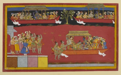 Bharata og Śatrughna hilser på Rāma og Sītā, da Puṣpaka tager af sted.