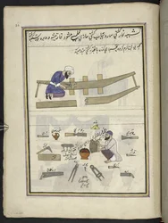 Bådbyggere,  86 tegninger indbundet i et bind, der viser håndværk og erhverv i Kashmir, håndværkere vises i arbejde med deres redskaber og udstyr,  Af en Kashmir-kunstner, sandsynligvis i Srinagar, ca. 1850-60 (gouache på papir)