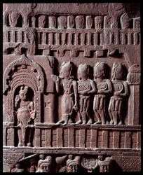 Buddhisme: "" Detail of Victory over Mara"" (Victory over Mara) detail du stupa de Bharhut (Barhut, Barouth) Sort stenrelief, 2. århundrede f.Kr. (2. århundrede f.Kr.) - Kolkata, indisk museum