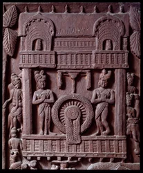 Buddhisme: "" Prasenjits sidste besøg i Buddha" (Prasanjits sidste besøg i Buddha) detail du stupa de Bharhut (Barhut, Barouth) Lavt relief af sort sten, 2. århundrede f.Kr. (2. århundrede f.Kr.) - Kolkata, indisk museum