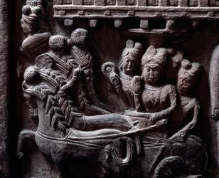 Buddhisme: "" Prasenjits sidste besøg i Buddha" (Prasanjits sidste besøg i Buddha) detail du stupa de Bharhut (Barhut, Barouth) Lavt relief af sort sten, 2. århundrede f.Kr. (2. århundrede f.Kr.) - Kolkata, indisk museum
