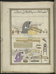 Tømrer og kone laver en sjalvæv,  86 tegninger indbundet i et bind, der viser håndværk og erhverv i Kashmir, håndværkere vises i arbejde med deres redskaber og udstyr,  Af en Kashmir-kunstner, sandsynligvis i Srinagar, ca. 1850-60 (gouache på papir