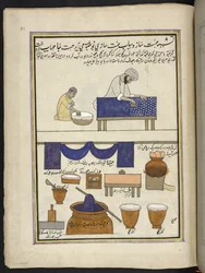 Stofprinter med håndblok og farvestof,  86 tegninger indbundet i et bind, der viser håndværk og erhverv i Kashmir, håndværkere vises i arbejde med deres redskaber og udstyr,  Af en Kashmir-kunstner, sandsynligvis i Srinagar, ca. 1850-60 (gouache på papir)