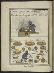 Tilberedt mad og kawab-fremstillere,  86 tegninger indbundet i et bind, der viser håndværk og erhverv i Kashmir, håndværkere vises i arbejde med deres redskaber og udstyr,  Af en Kashmir-kunstner, sandsynligvis i Srinagar, ca. 1850-60 (gouache på papir)