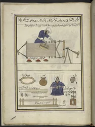 Bomuldsvæver, der kæmmer en kæde; kvinde, der ruller bomuld,  86 tegninger indbundet i et bind, der viser håndværk og erhverv i Kashmir, håndværkere vises i arbejde med deres redskaber og udstyr,  Af en Kashmir-kunstner, sandsynligvis i Srinagar, ca. 1850-