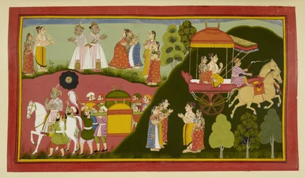 Dasaratha og hans dronninger vender tilbage til Ayodhya og efterlader Rishyasringa og Shanta.