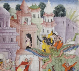 Detalje fra Krishna Spalter Dæmonen Narakasura med sin Discus, ca. 1585-90 (ugennemsigtigt wc & guld på papir)