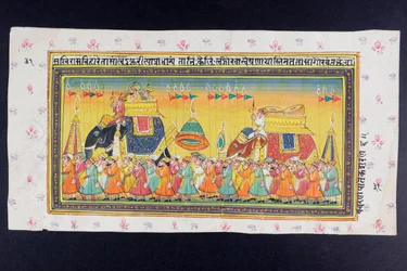 Dignitærer rider på ryggen af en elefant i en howdah med deltagelse af en mahout eller elefantchauffør, Rajasthani miniaturemaleri