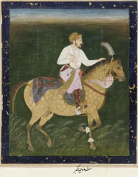 Ridesportræt af Jahangir, fritliggende albumfolio med maleri, ca. 1900
