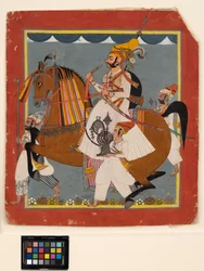 Rytter Raja Bhim Singh med vandpibe og tjenere, ca. 1820 (ugennemsigtig m/c, guld og sølv på papir)