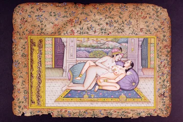 Erotisk scene i et luksuriøst boudoir, Rajasthani-miniaturemaleri