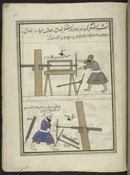 Våbensmede keder en pistolløb,  86 tegninger indbundet i et bind, der viser håndværk og erhverv i Kashmir, håndværkere vises i arbejde med deres redskaber og udstyr,  Af en Kashmir-kunstner, sandsynligvis i Srinagar, ca. 1850-60 (gouache på papir)