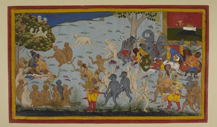 Hanumān og Vibhīṣaṇa bringer den sårede Lakṣmaṇa til Rāma, som helbreder ham.