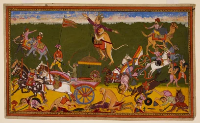 Hanumān besejrer Rāvaṇas fem generaler og dræber hans søn Akṣa, hvilket får Rāvaṇas tropper til at flygte. 1653 (miniature)