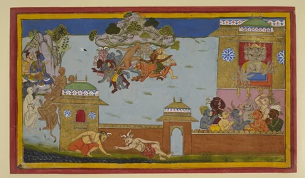 Hanumān afværger dæmoner; Rāma og Rāvaṇa ser til