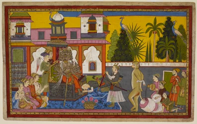Hanumān bliver fanget og ydmyget af Rāvaṇa, men undslipper og sætter ild til byen med sin flammende hale. 1653
