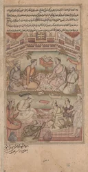 Hinduistiske og muslimske lærde oversætter Mahabharata fra sanskrit til persisk, illustration fra Razmnama, 1598-99 (wc, blæk og guld på papir)