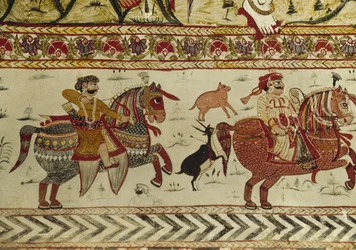 Jagtscene, Laxminarayan tempel, Orchha, Madhya Pradesh, Indien (fresco)