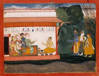 Illustration til Bhagvata Purana, der viser Balarama, der tager Akrura i hånden med sin yngre bror Krishna, ca. 1700