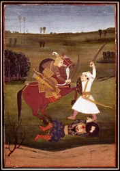 Indisk kunst: "" kamp mellem en prins til hest og en kriger""" En dæmon liggende på jorden. Miniature af skolen i Bikaner. 1765 Privat samling