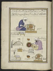 Juvelerer, der polerer ædelstene,  86 tegninger indbundet i et bind, der viser håndværk og erhverv i Kashmir, håndværkere vises i arbejde med deres redskaber og udstyr,  Af en Kashmir-kunstner, sandsynligvis i Srinagar, ca. 1850-60 (gouache på papir)