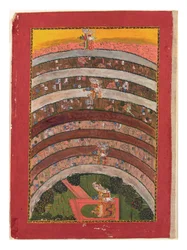 På rejse gennem ukendte lande, fra Krishnas rejser i hans vogn, ca. 1750 (ugennemsigtigt wc, guld og sølv på papir)