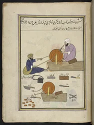 Knivslibere,  86 tegninger indbundet i et bind, der viser håndværk og erhverv i Kashmir, håndværkere vises i arbejde med deres redskaber og udstyr,  Af en Kashmir-kunstner, sandsynligvis i Srinagar, ca. 1850-60 (gouache på papir)