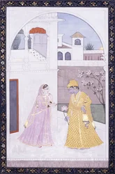 Krishna står og holder en lotusblomst, hans elsker i en lyserød Sari, ca. 1800