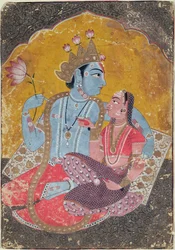 Krishna og Radha, ca. 1690-1700 (ugennemsigtigt toilet med præget guld på papir)