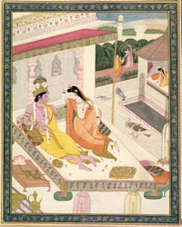 Krishna og Radha på en seng i et mogul-palads, Punjab, ca. 1860