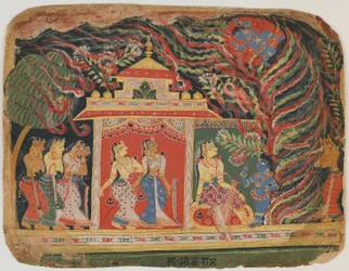 Krishna båret bort af hvirvelvindsdæmonen fra en Bhagavata Purana. c.1520-30 (ugennemsigtigt wc på papir)