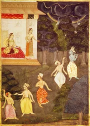 Krishna spiller fløjte efterfulgt af fire dansere, Rajasthan