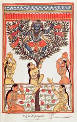 Krishna stjæler tøjet til Gopi, der svømmer i Yamuna-floden (wc på papir)