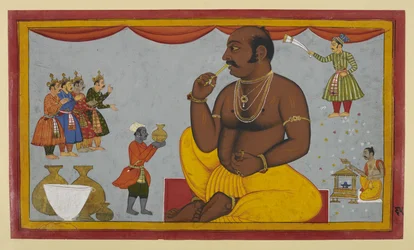 Kumbhakarṇa vækkes for at kæmpe mod Rāma; præster assisterer ham med ritualer