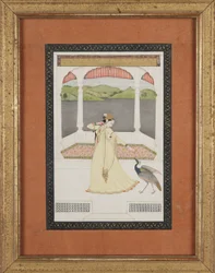 Dame, der lokker en påfugl med en perlerække, ca. 1800