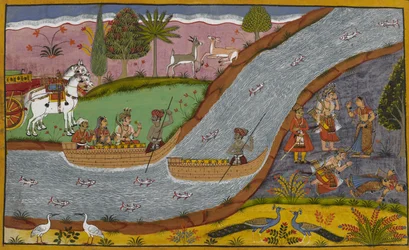 Lakṣmaṇa beder Sītā om tilgivelse, da hun besvimer, mens hun krydser Ganges.