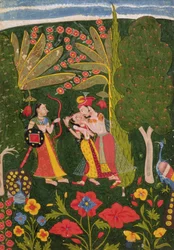 Lovers Embracing in a Forest, Bundi, ca. 1650 (gouache på vellum)