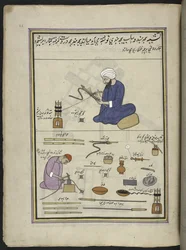 Mænd, der dækker vandpibe-slanger med tråd og tråd,  86 tegninger indbundet i et bind, der viser håndværk og erhverv i Kashmir, håndværkere vises i arbejde med deres redskaber og udstyr,  Af en Kashmir-kunstner, sandsynligvis i Srinagar, ca. 1850-60 (gouac